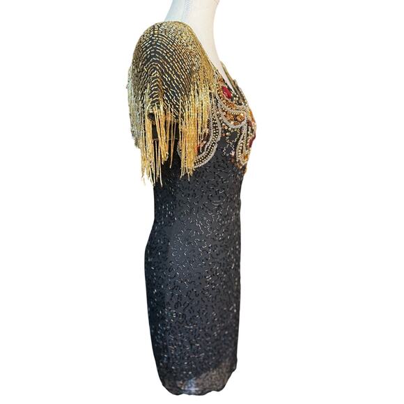 Vintage Ornate Fringe Beaded Cocktail Black Gold Embellished Party Dress Size 4 - Picture 5 of 16
